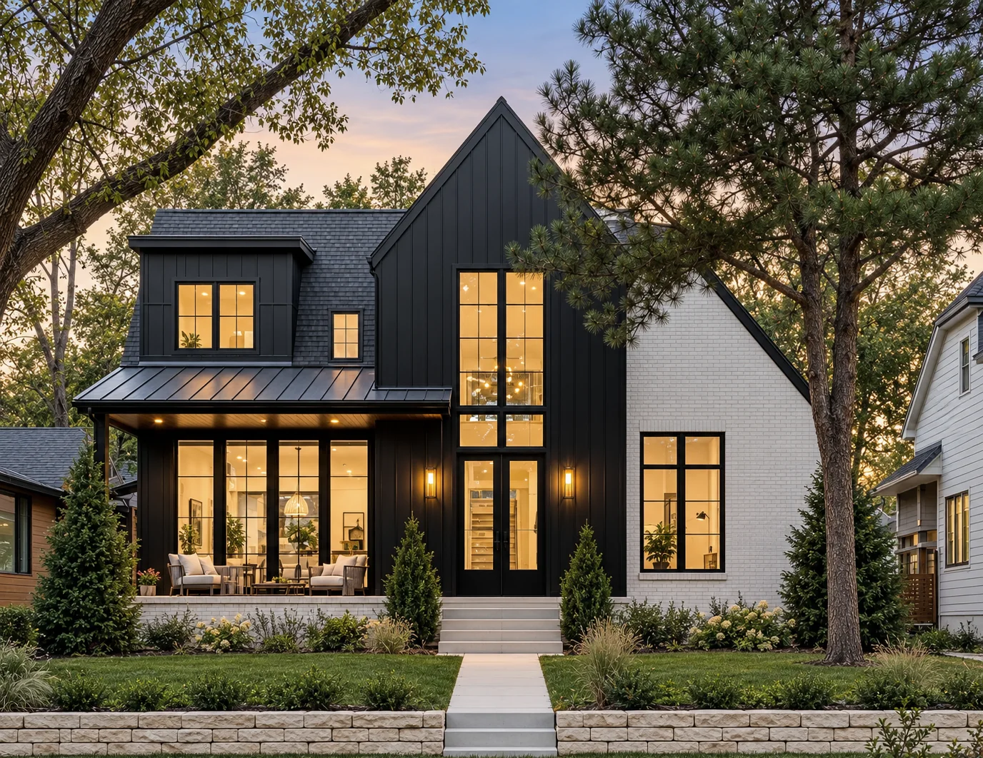 A modern black and white farmhouse at dusk, its windows lit