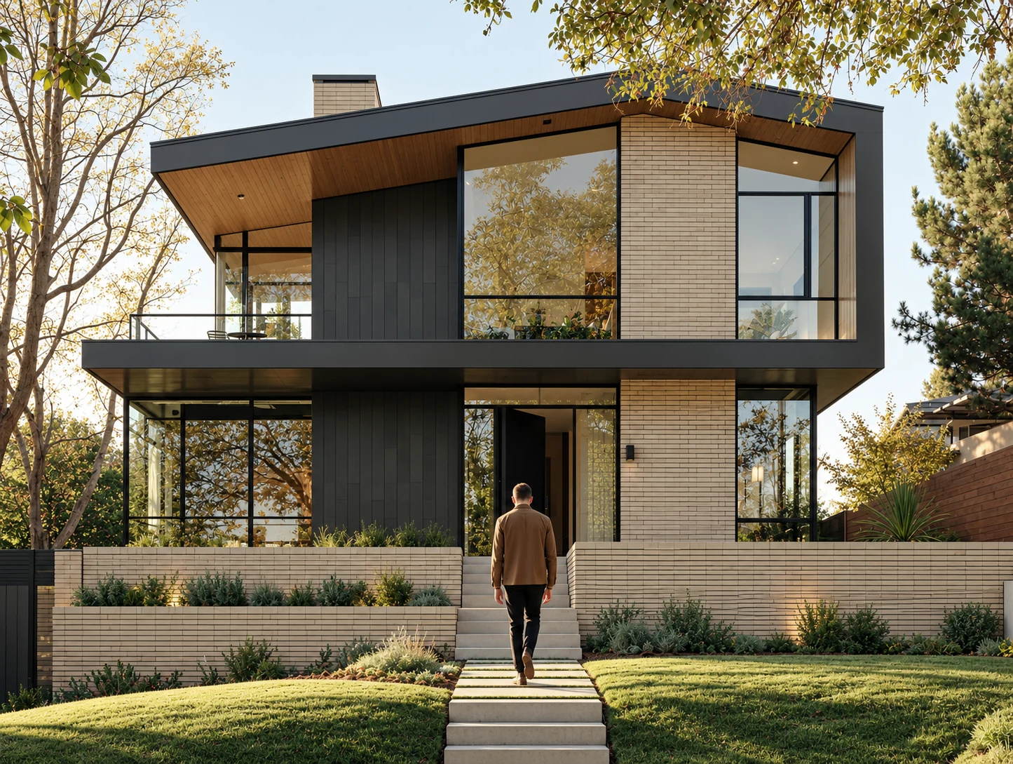 A person walking up to a modern home