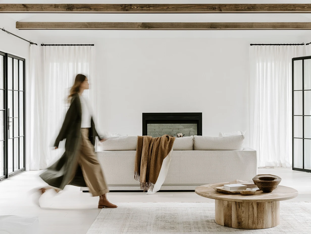 A bright living room with a person walking past the sofa