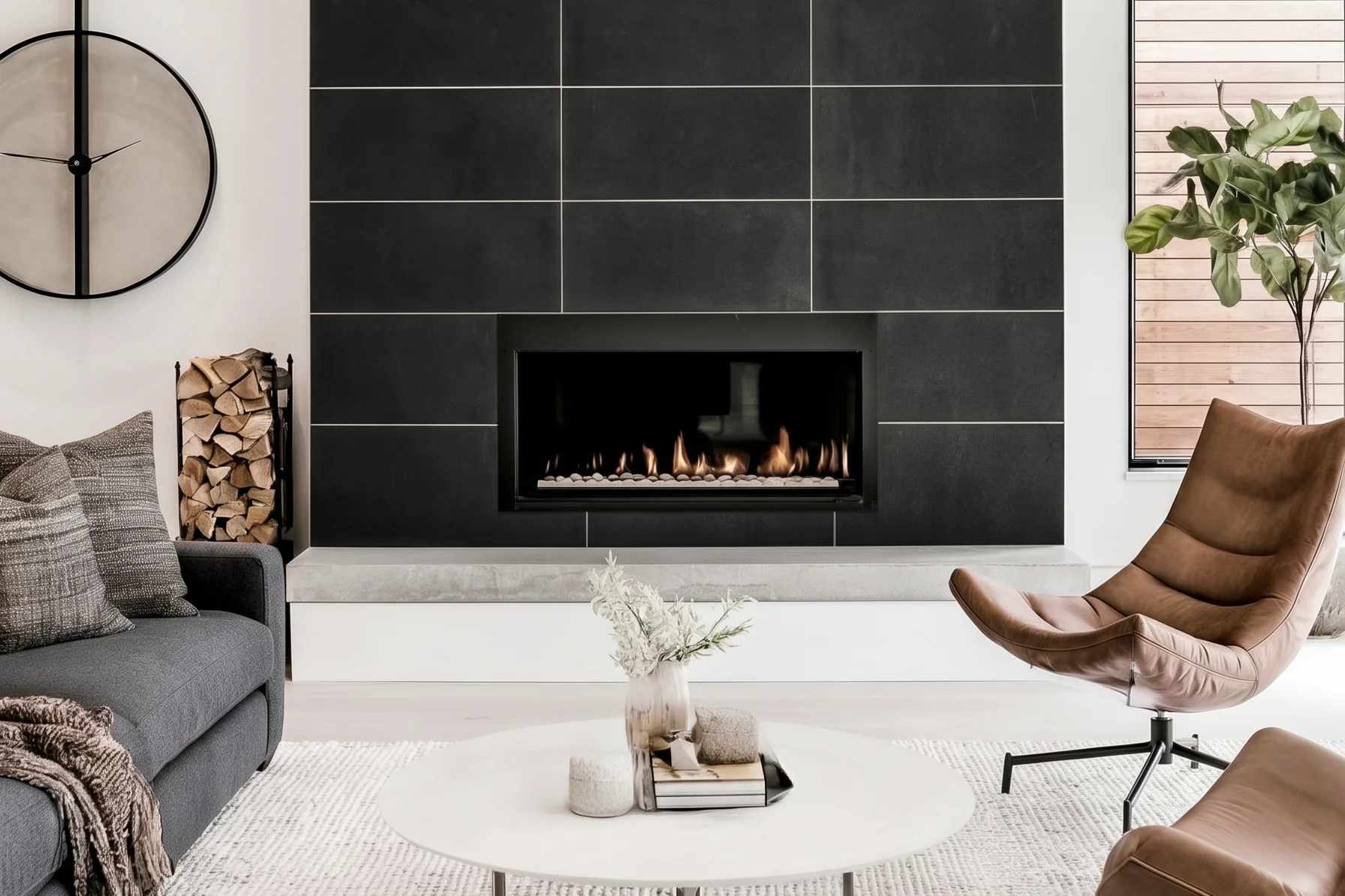 Living room with a black tile fireplace, leather lounge chair and round coffee table