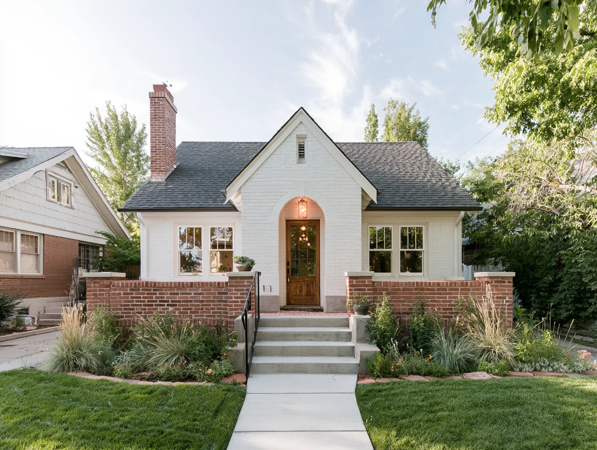 Bungalow with a white brick front and a red brick garden wall
