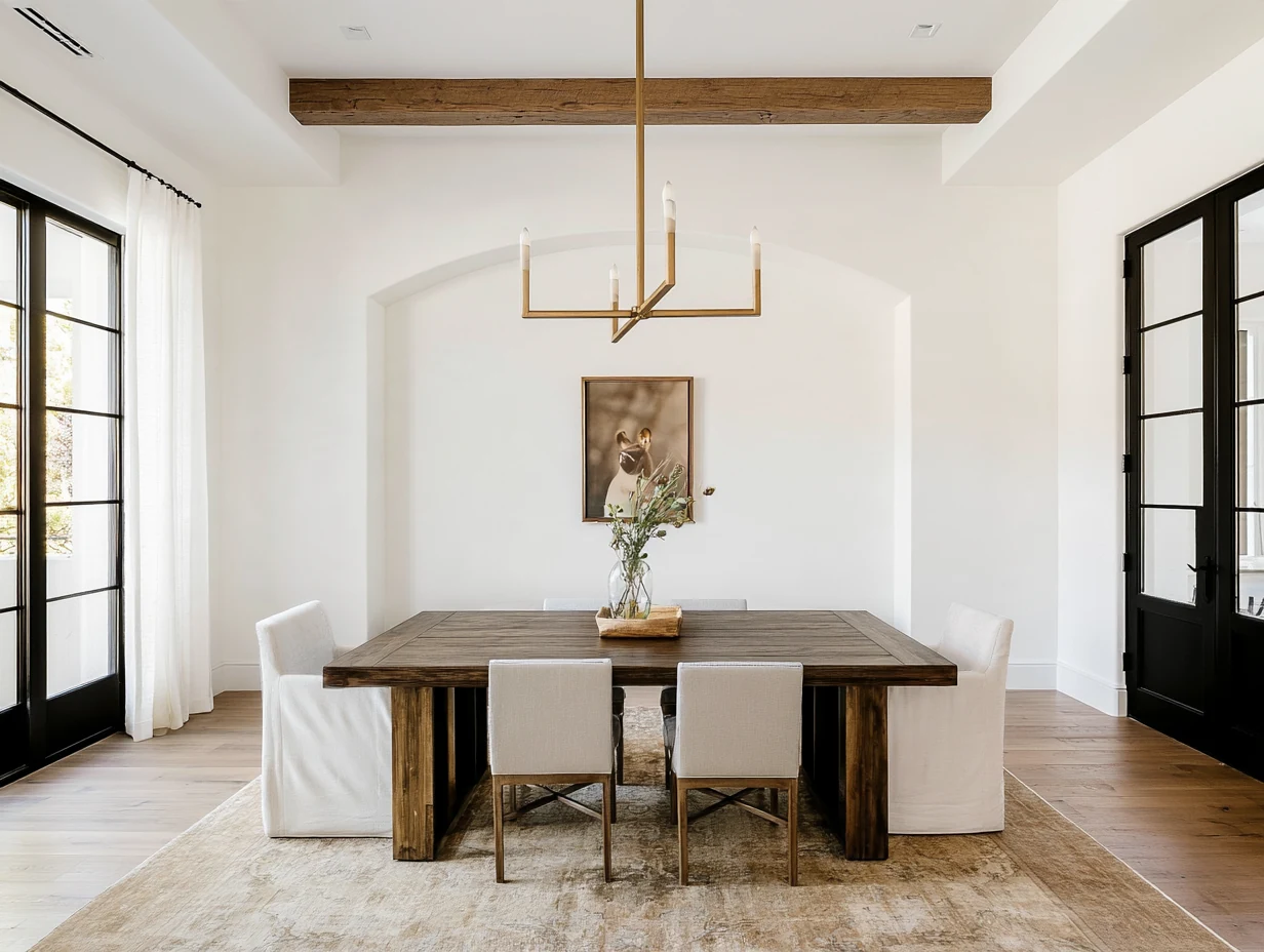 Dining room with a wood table, linen chairs and a brass chandelier