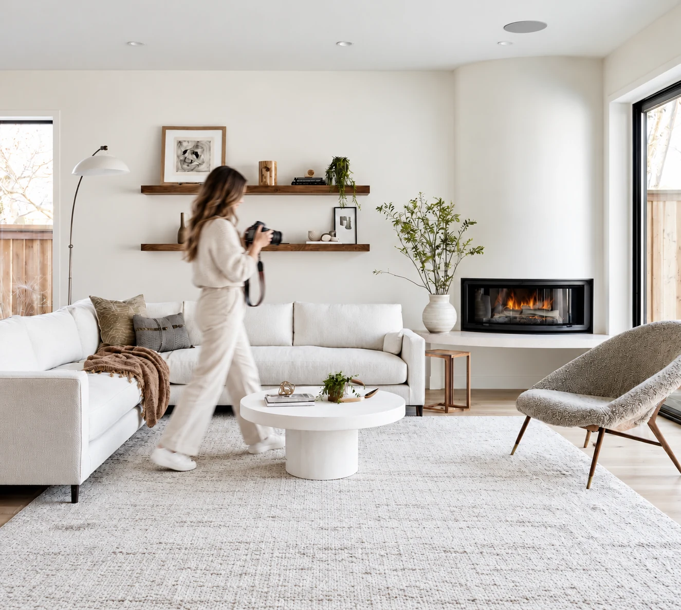 A photographer moving through a bright living room